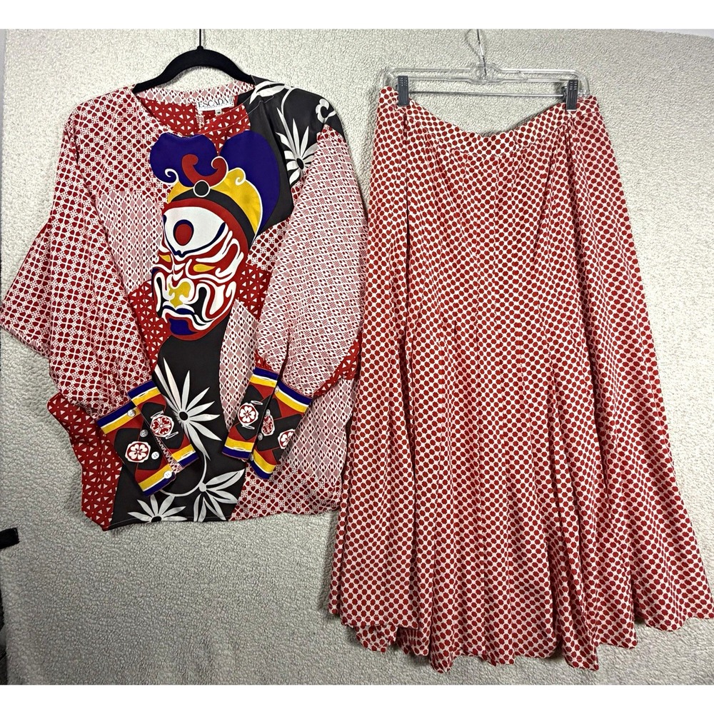 ESCADA Margaretha Ley Silk Vintage Chinese Peking Opera Mask 2 Pc Blouse Skirt